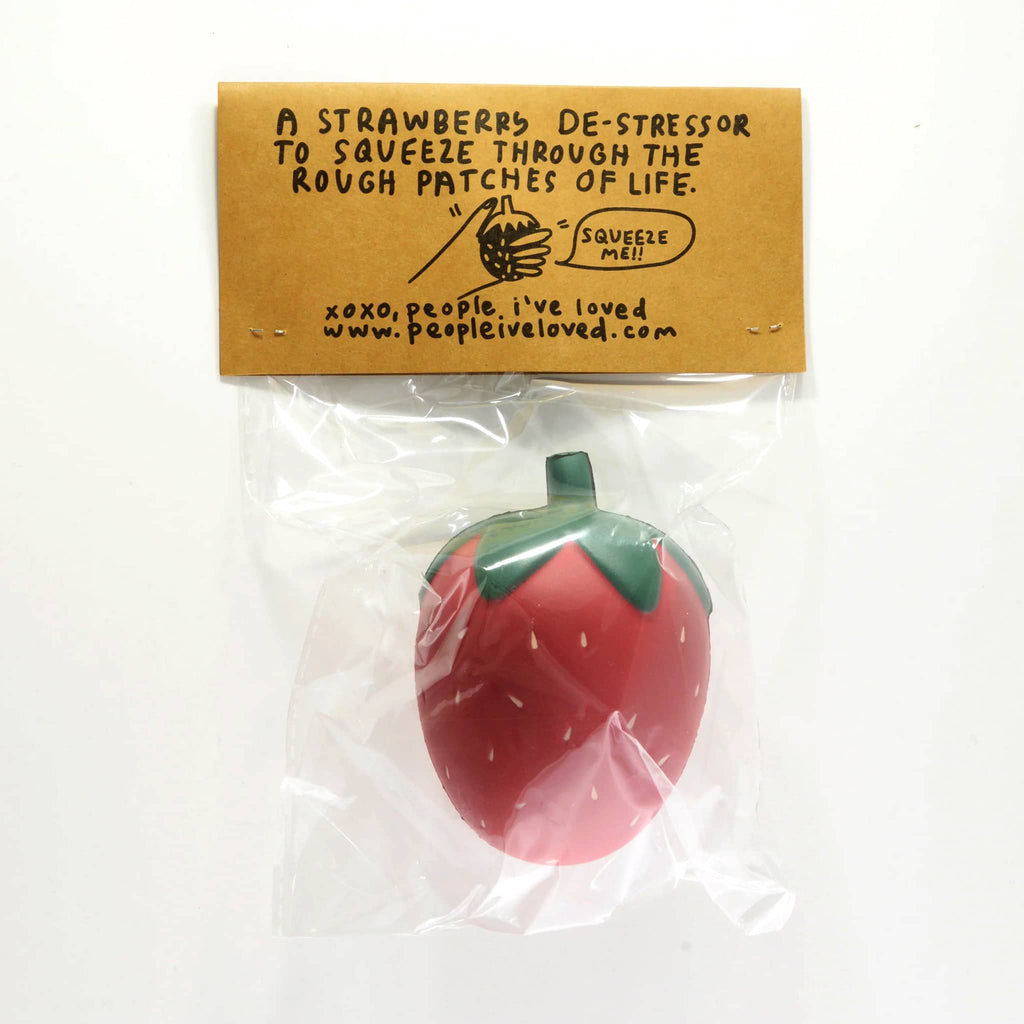 People I've Loved Strawberry Stress Ball in packaging, back view.