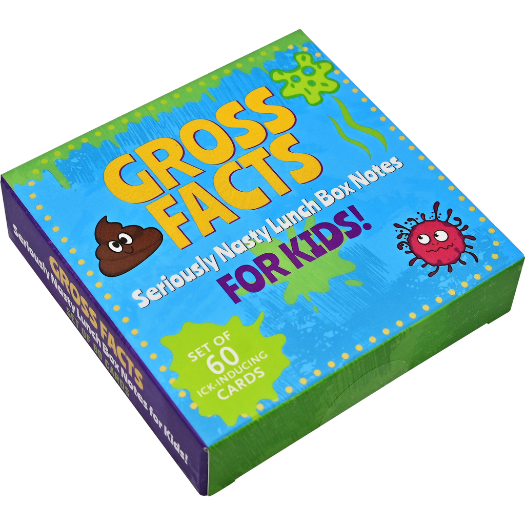 Box of 'Gross Facts' lunch box notes for kids with colorful design and text.