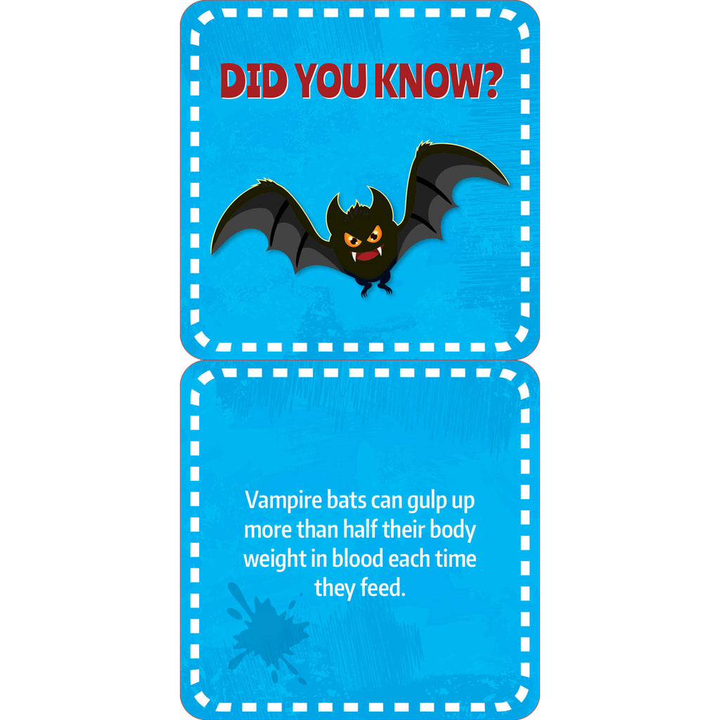 Card with a bat illustration and vampire bat fact on a blue background.