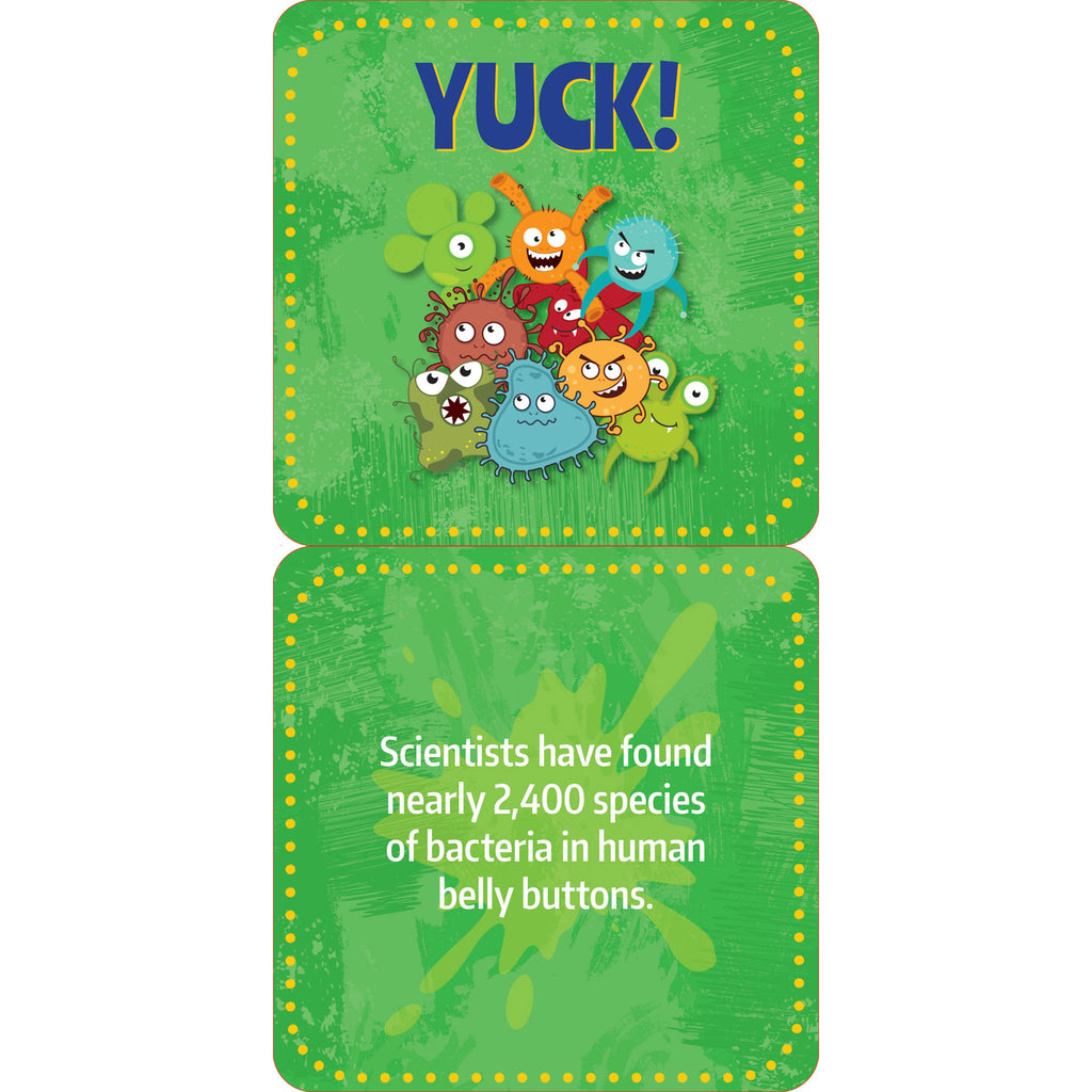 Educational card with cartoon bacteria characters and text about bacteria in human belly buttons on a green background.
