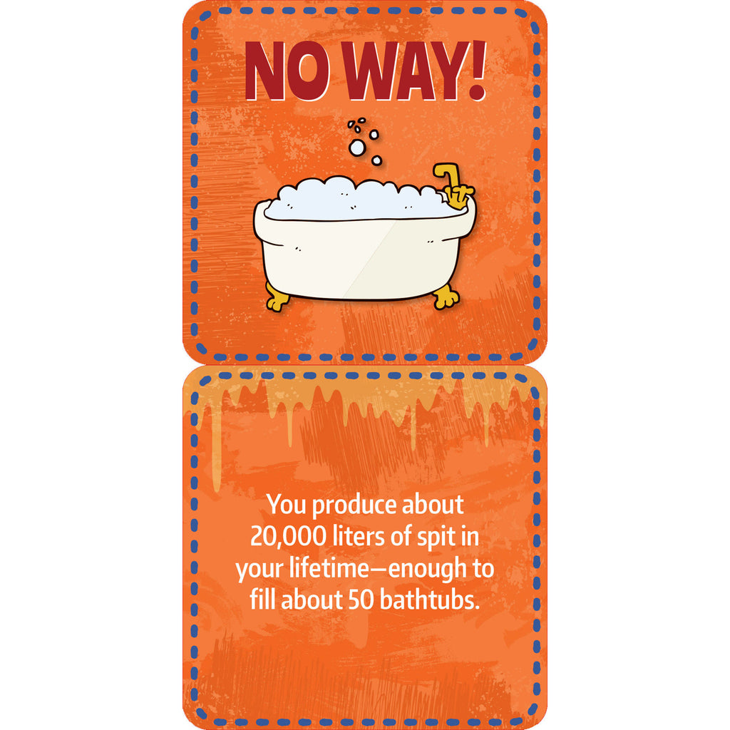 Card with a bathtub illustration and text about spit production on an orange background.