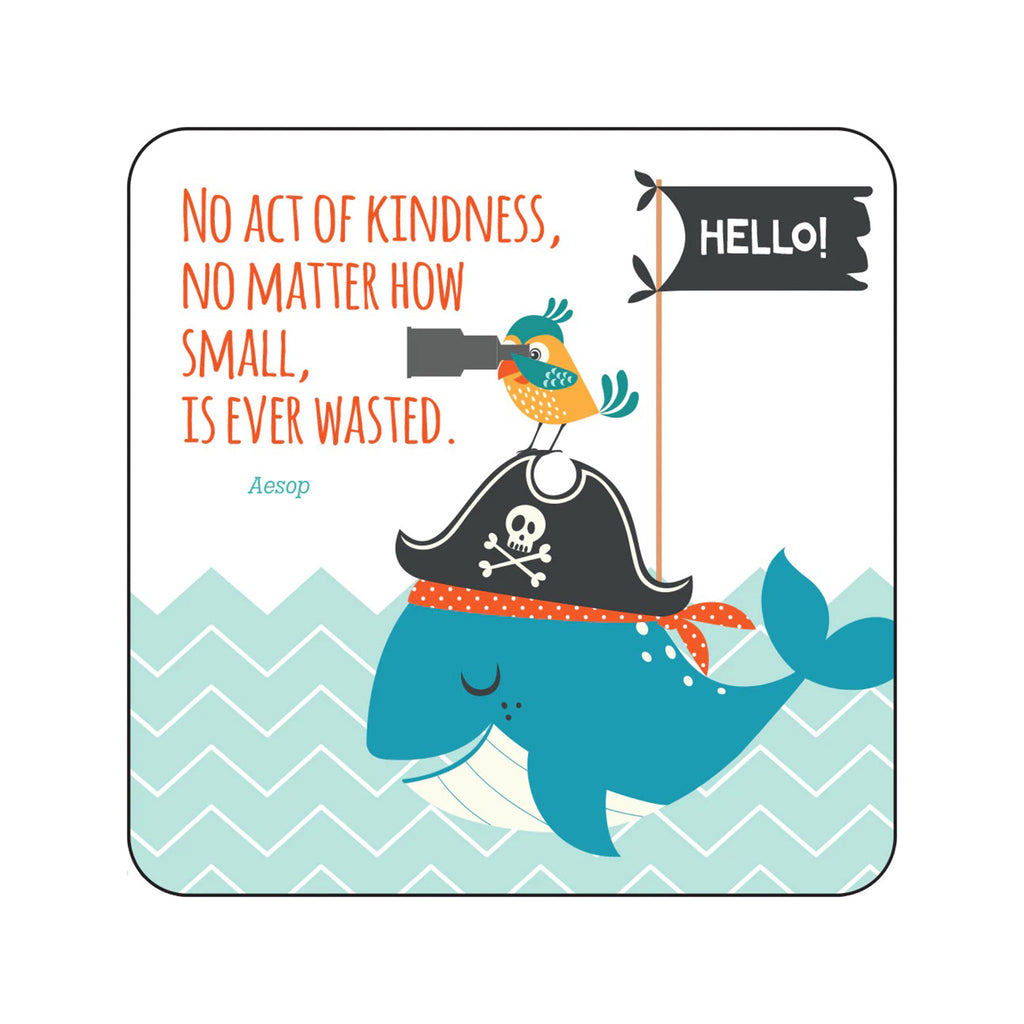 Peter Pauper Press Kindness Lunch Box Notes for Kids, sample note with quote from Aesop and an illustration of a bird on the back of a whale.