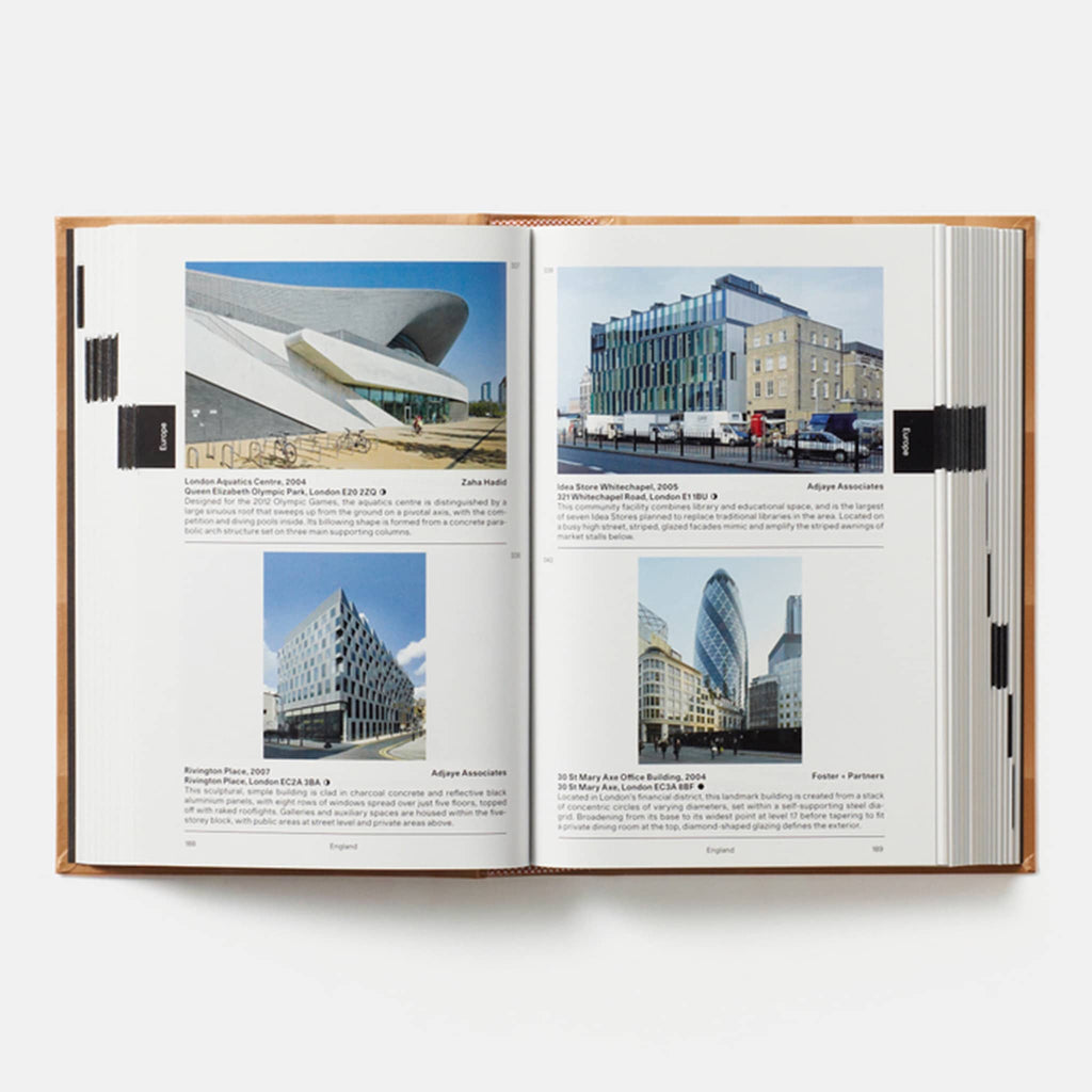 Phaidon Destination Architecture: The Essential Guide to 1000 Contemporary Buildings, sample page from England.