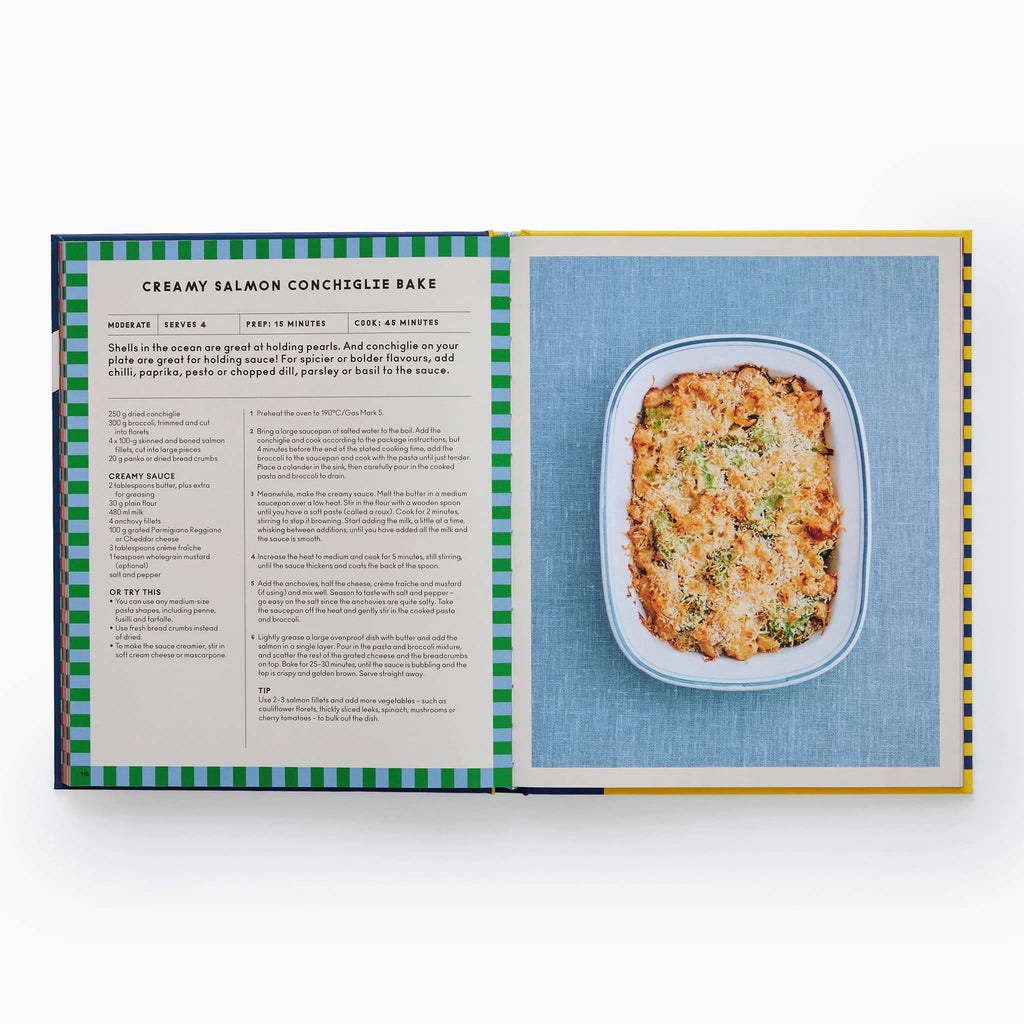 Phaidon The Story of Pasta and How to Cook It! hardcover book, sample page with Creamy Salmon Conchiglie Bake recipe.