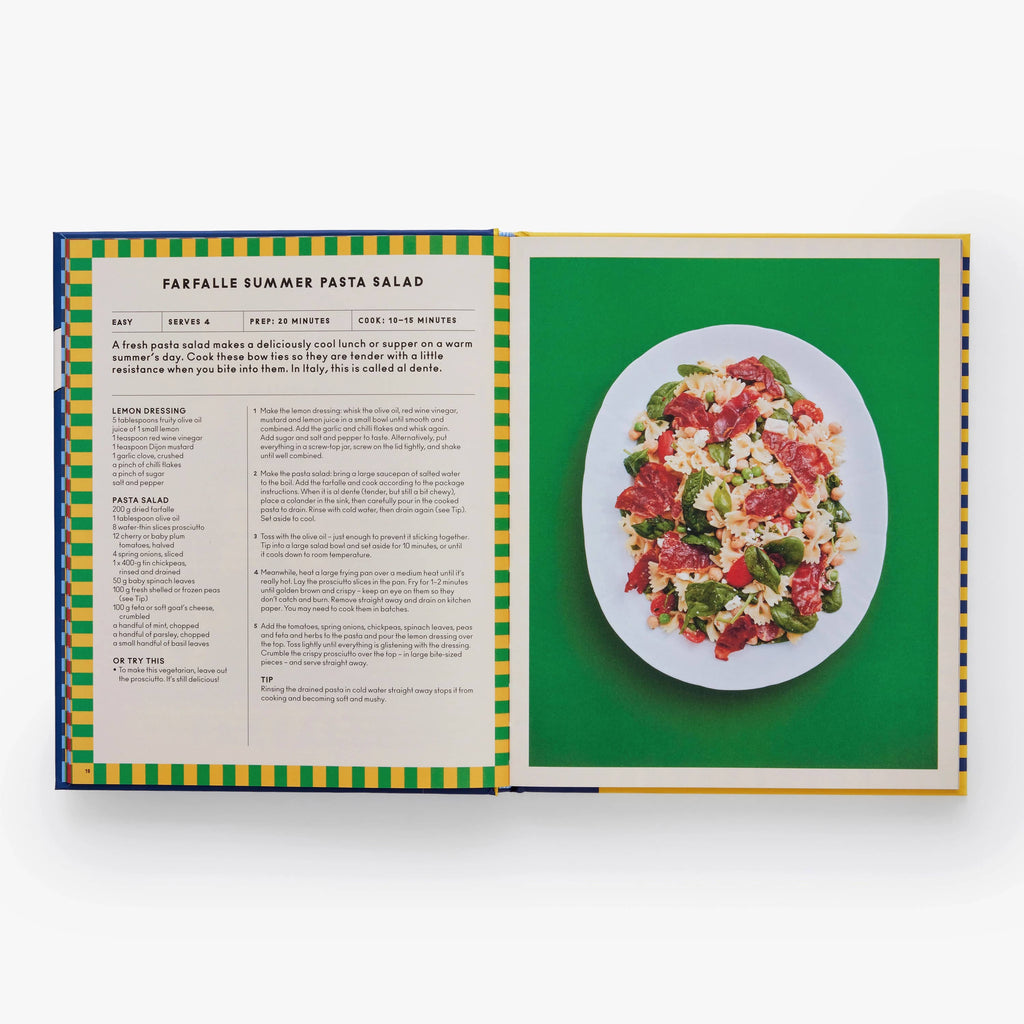 Phaidon The Story of Pasta and How to Cook It! hardcover book, sample page with Farfalle Summer Pasta Salad recipe.