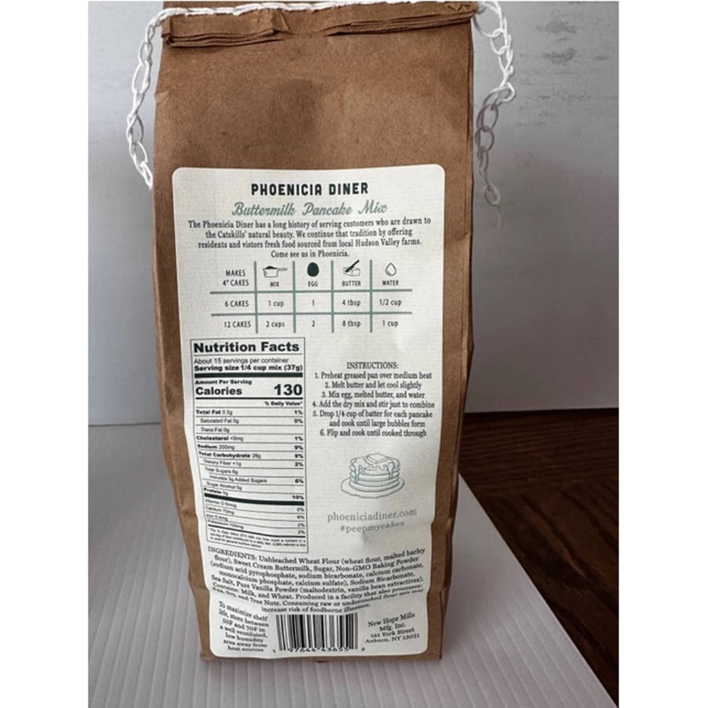 Phoenicia Diner Buttermilk Pancake Mix in kraft paper packaging, back view.