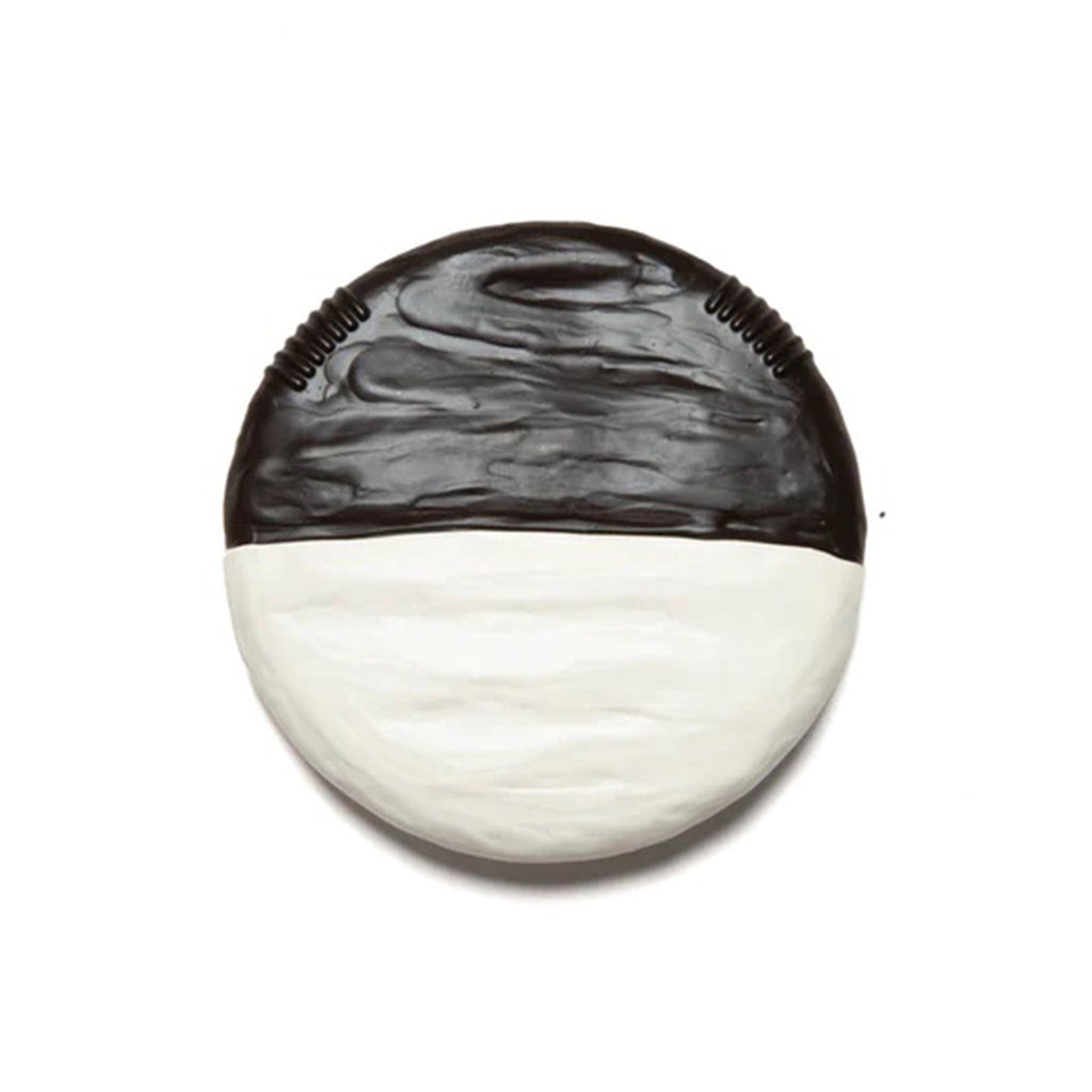 PiccoliNY Bubbie's Black and White Cookie natural rubber baby teether, top view.