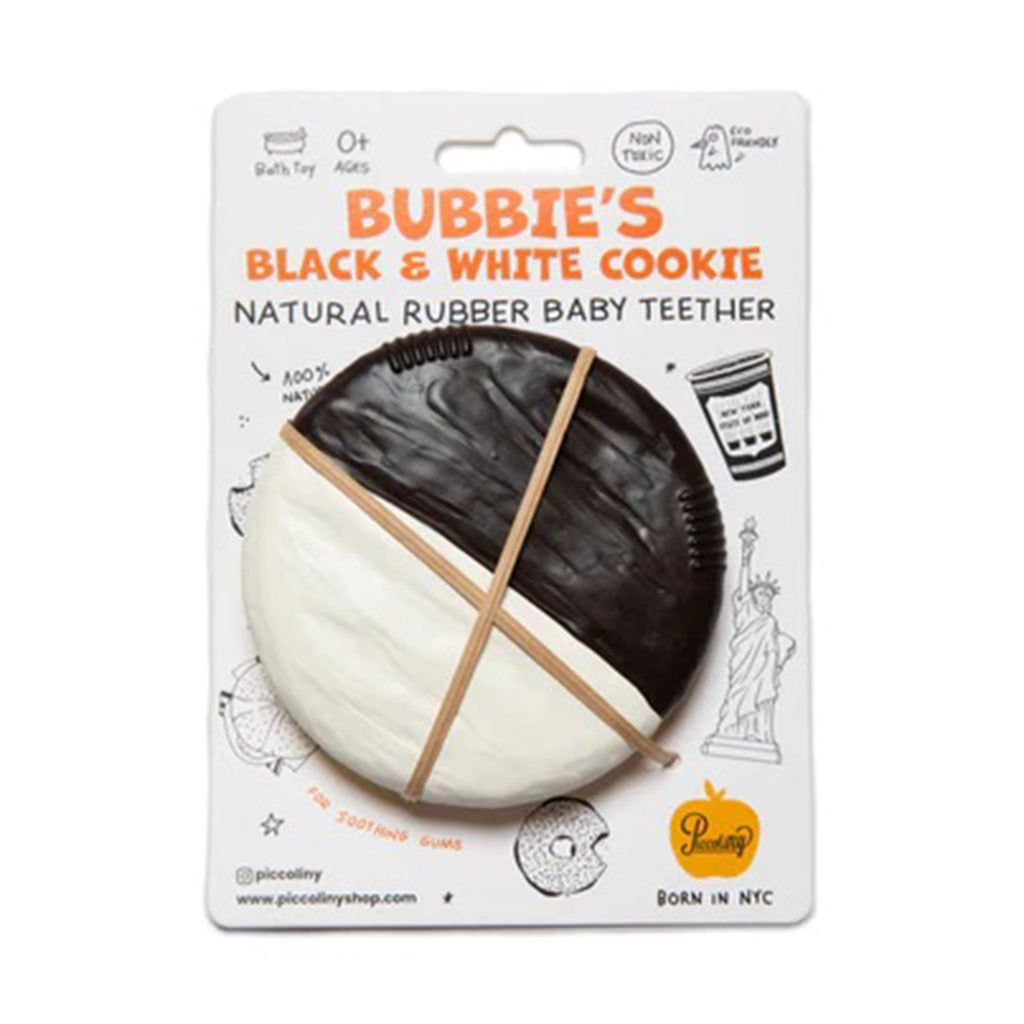 PiccoliNY Bubbie's Black and White Cookie natural rubber baby teether on card packaging.