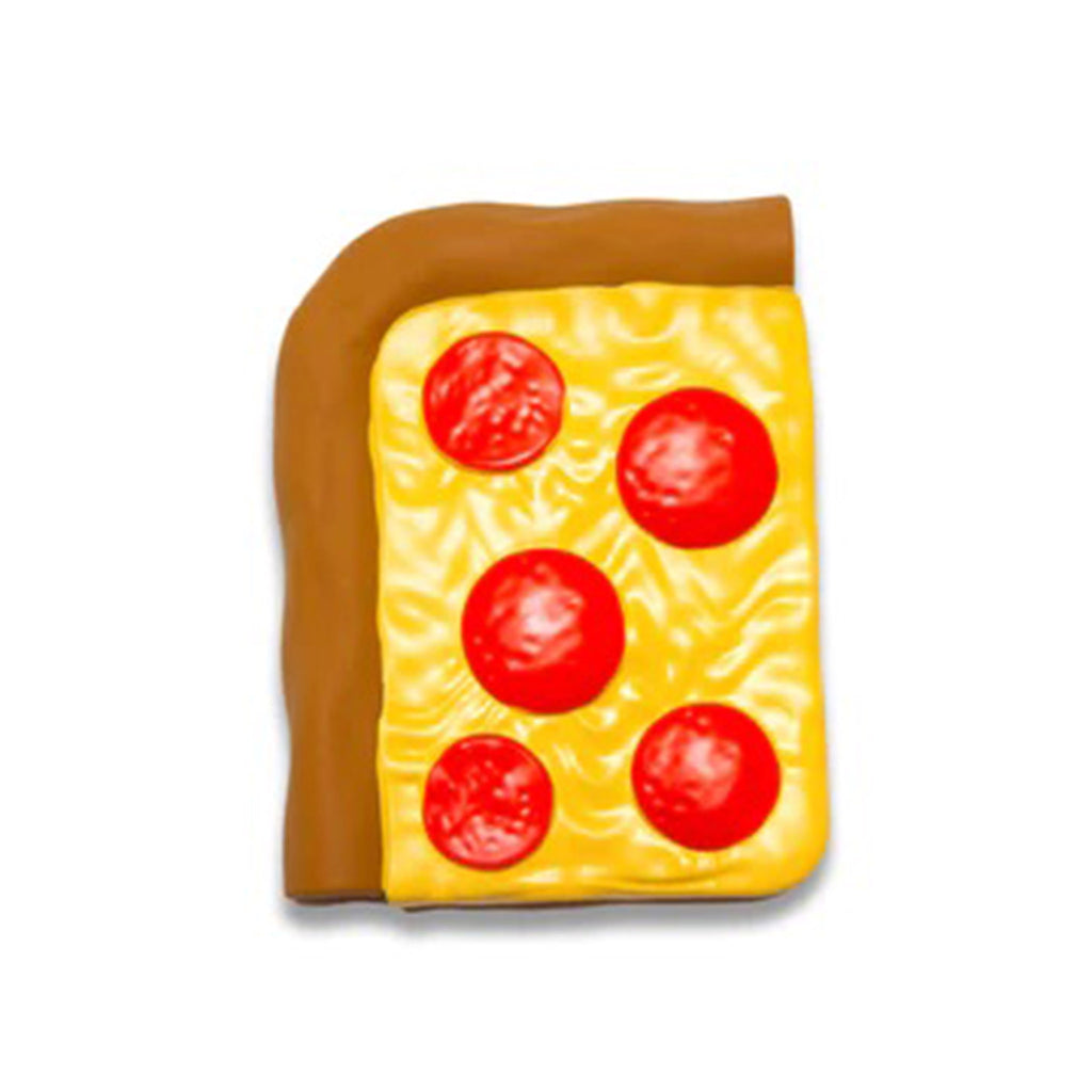 PiccoliNY Cameron's Corner Pepperoni Slice natural rubber baby teether, top view.