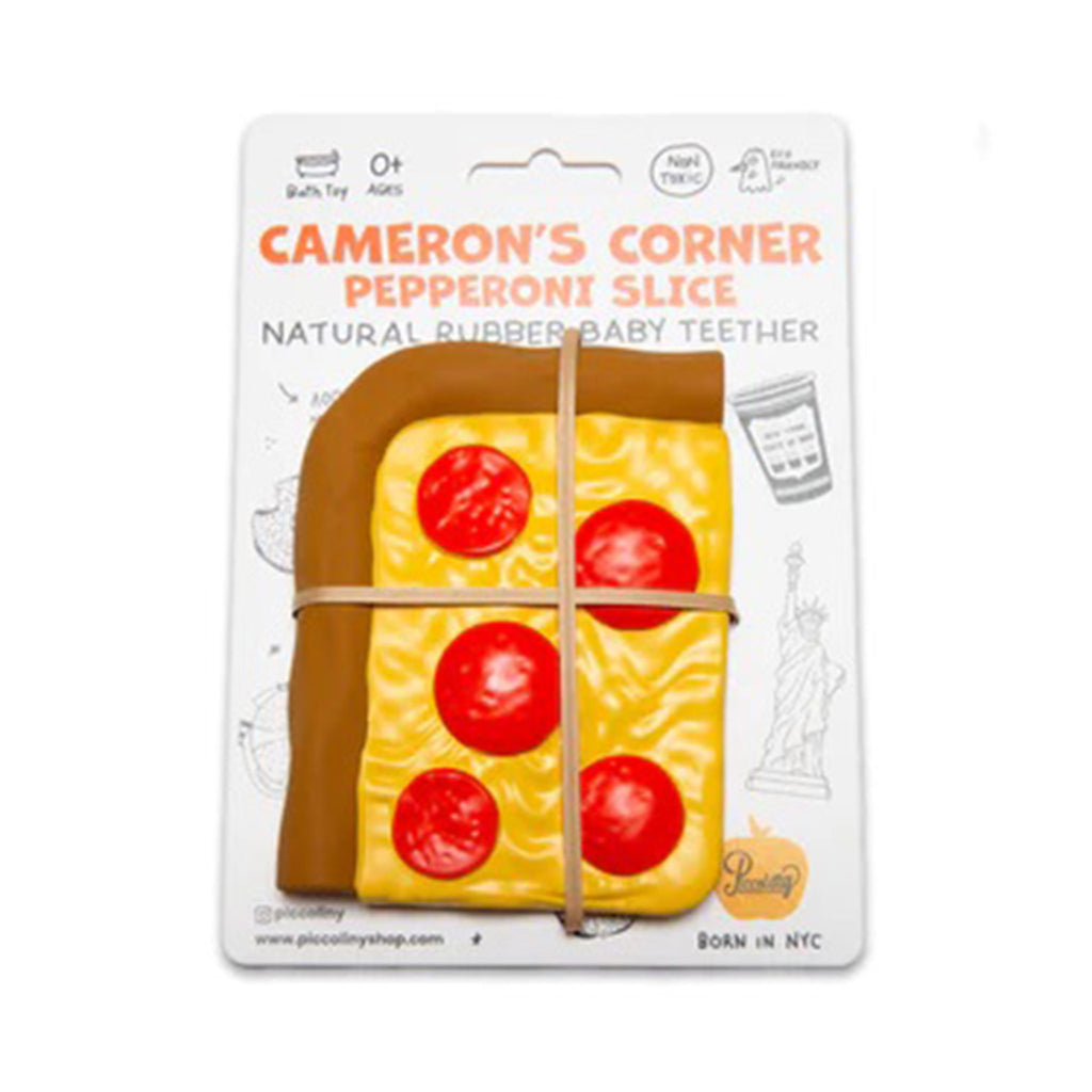 PiccoliNY Cameron's Corner Pepperoni Slice natural rubber baby teether on card packaging.