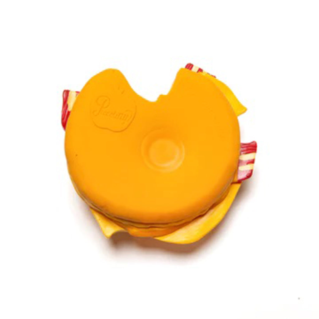 PiccoliNY Lemmegetabaconeggandcheese on a roll natural rubber baby teether, bottom view.