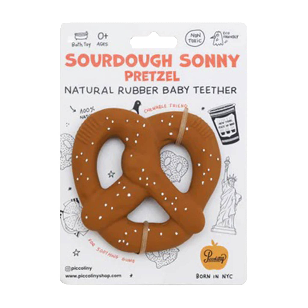 Piccoli NY Sourdough Sonny pretzel natural rubber baby teether on card packaging, front view.