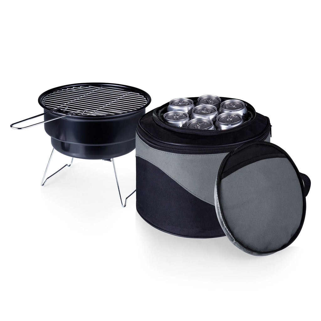 Picnic Time Caliente Portable Charcoal Grill and Cooler Tote in black and gray, open with cans inside.
