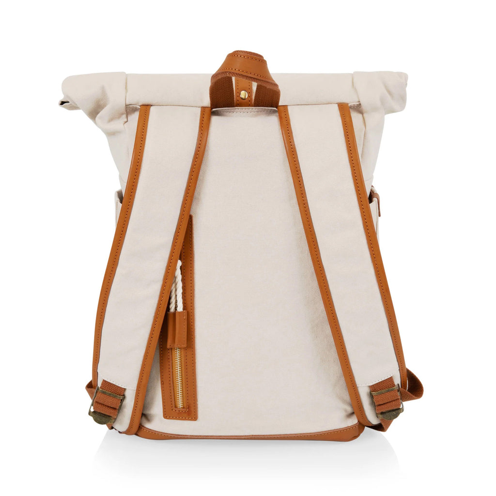 Picnic Time Carmel Roll Top Insulated Backpack Cooler Bag in tan with brown leather trim, back view.