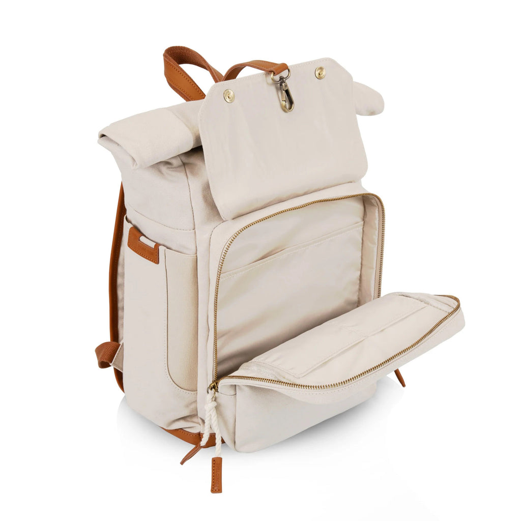 Picnic Time Carmel Roll Top Insulated Backpack Cooler Bag in tan with brown leather trim, front angle, front zip pocket open.