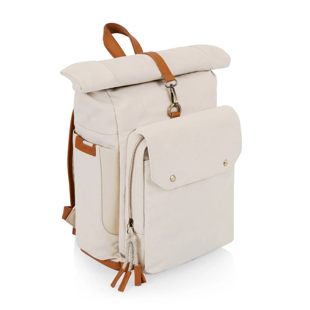 Picnic Time Carmel Roll Top Insulated Backpack Cooler Bag in tan with brown leather trim, front angle.