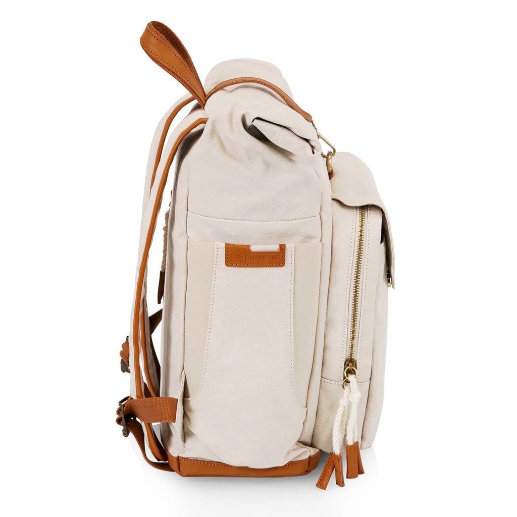 Picnic Time Carmel Roll Top Insulated Backpack Cooler Bag in tan with brown leather trim, side view.