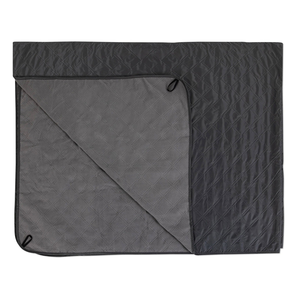 Picnic Time Oniva Machine Washable Stadium Blanket unfolded, with a dark charcoal gray and a light gray side with loops for stakes at the corners.
