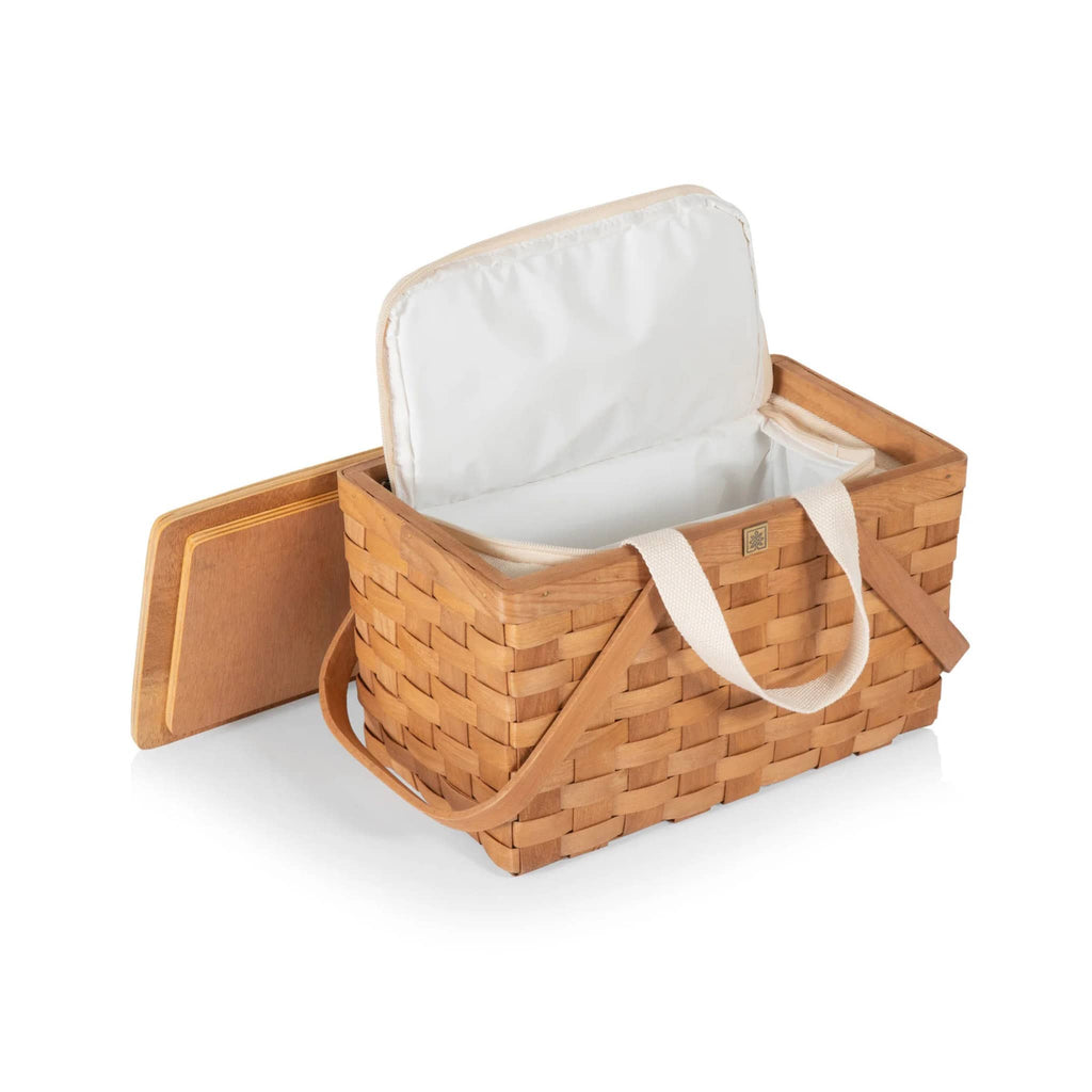 Picnic Time Poppy Personal Handwoven Wicker Picnic Basket, front angle with handles down, lid off and insulated lining open.