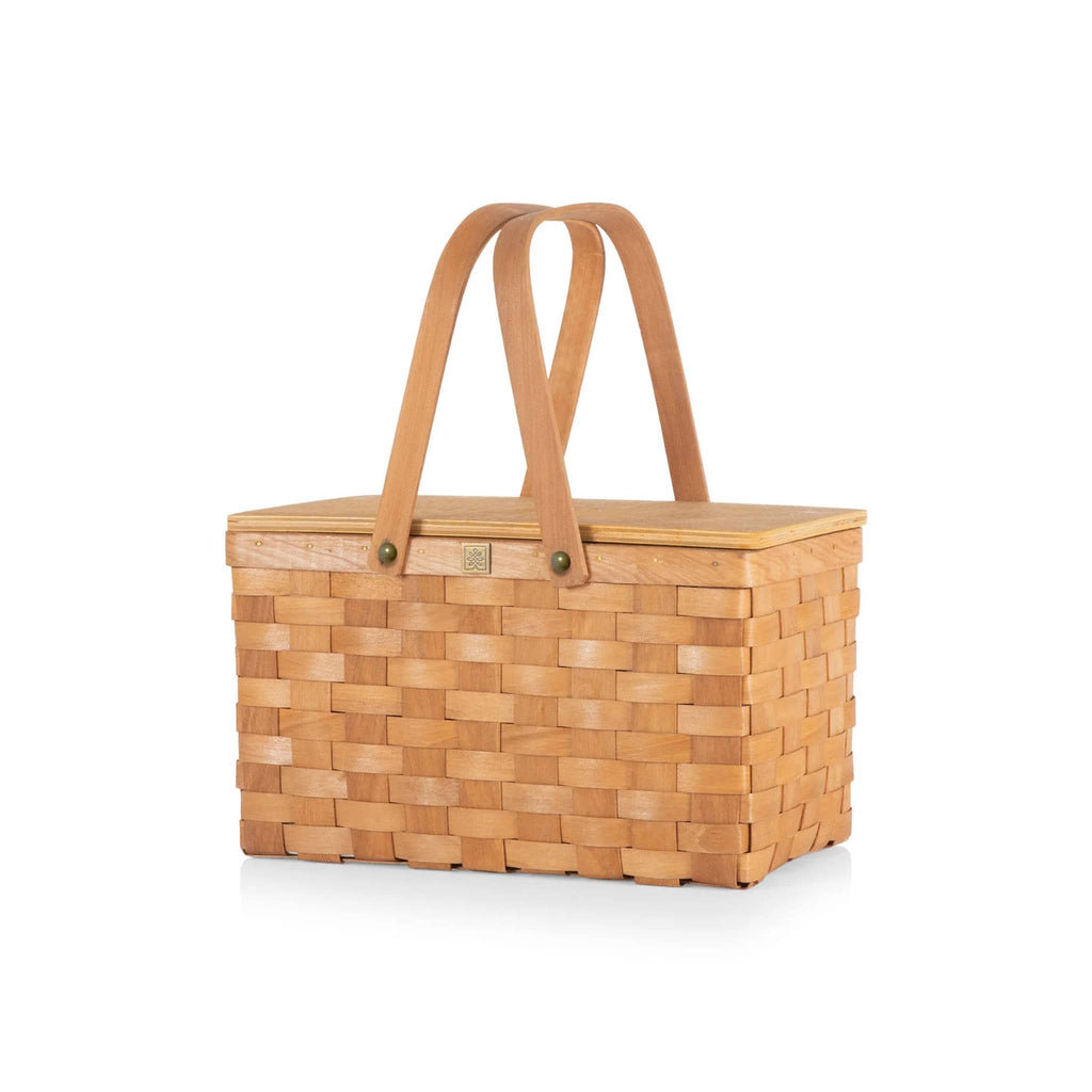 Picnic Time Poppy Personal Handwoven Wicker Picnic Basket, front angle with handles up.