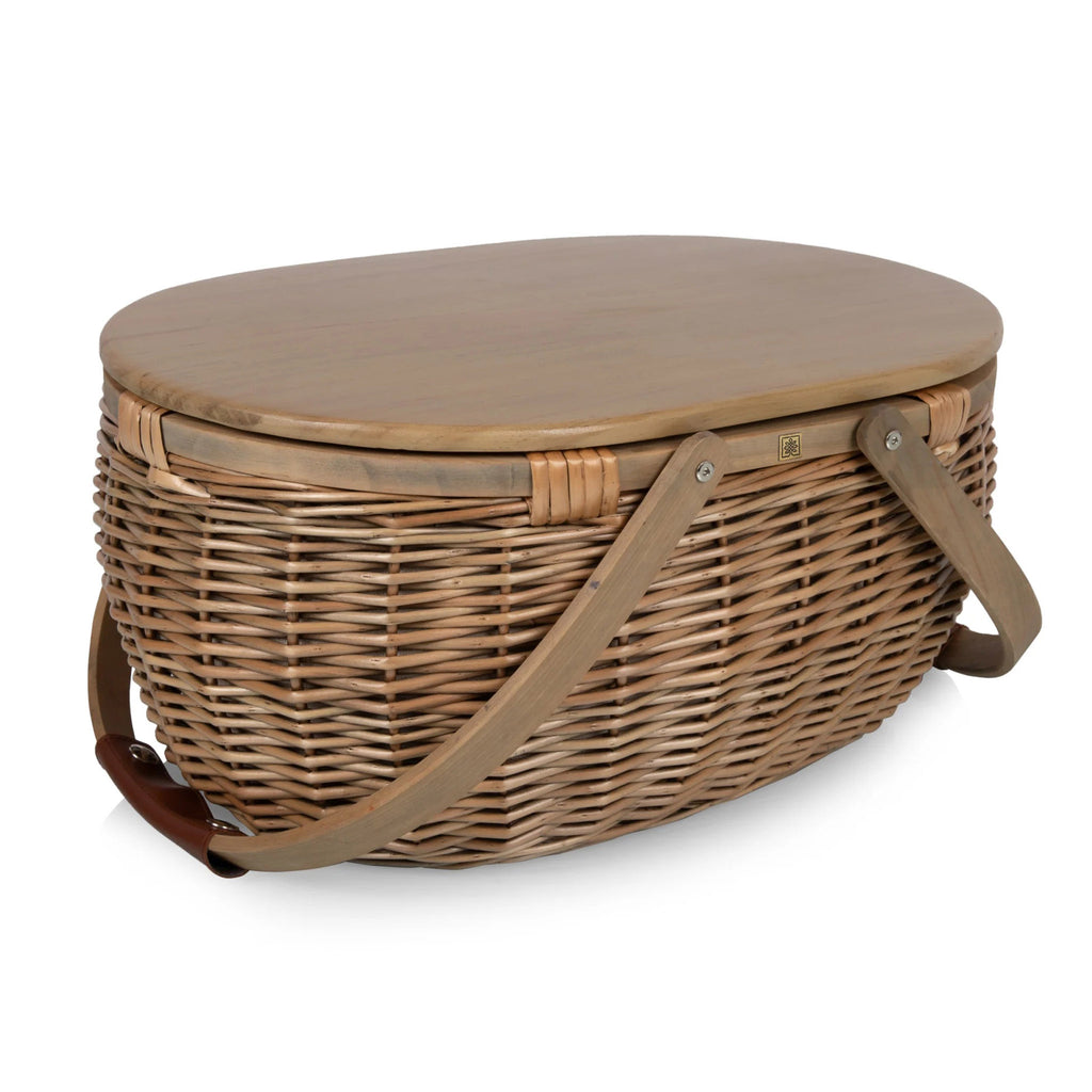 Picnic Time Sequoia handwoven oval shaped willow picnic basket, front angle with handles down.