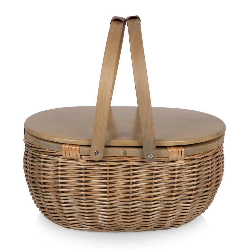 Picnic Time Sequoia handwoven oval shaped willow picnic basket, front view with handles up.
