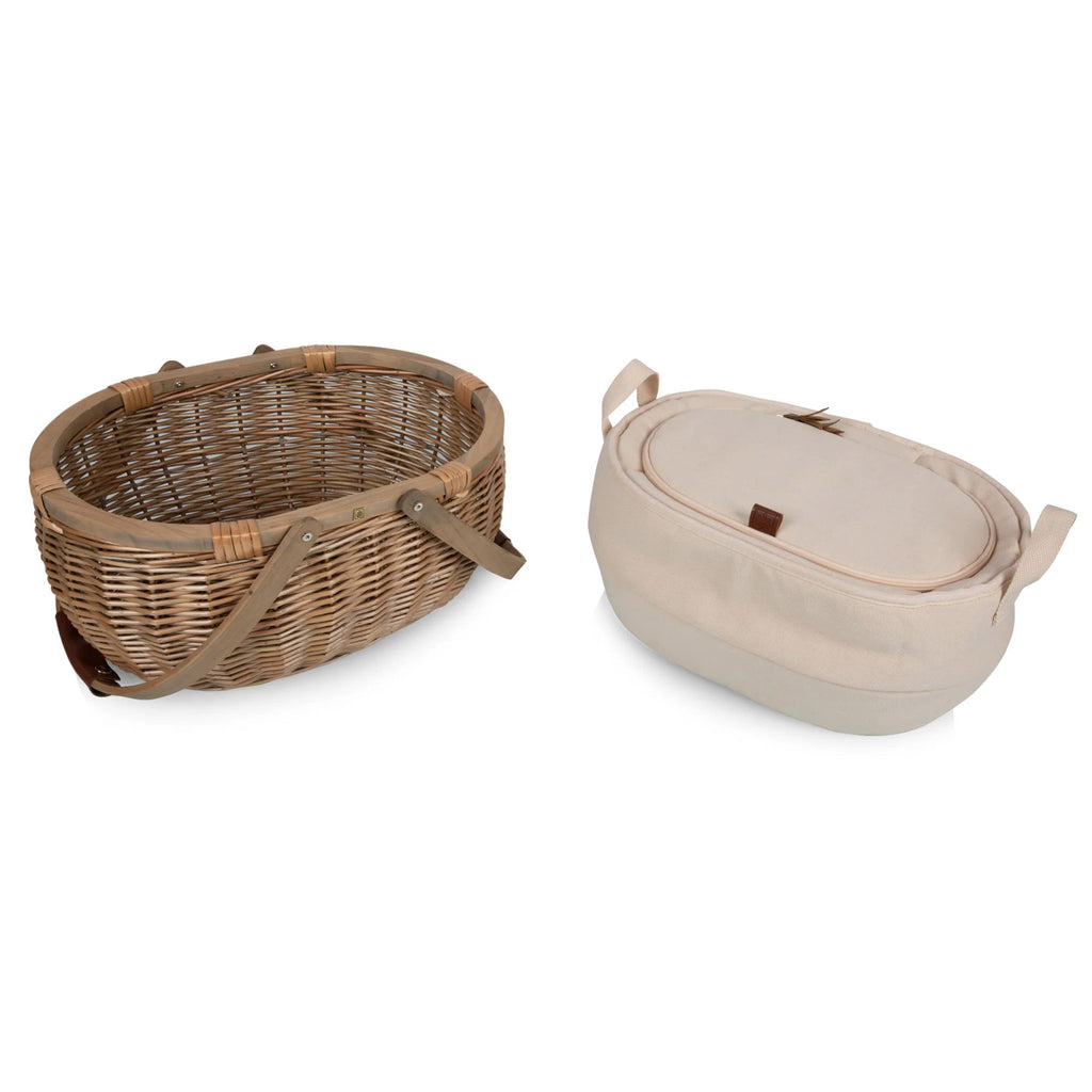 Picnic Time Sequoia handwoven oval shaped willow picnic basket, front view with handles down, lid off and removable insulated lining removed.