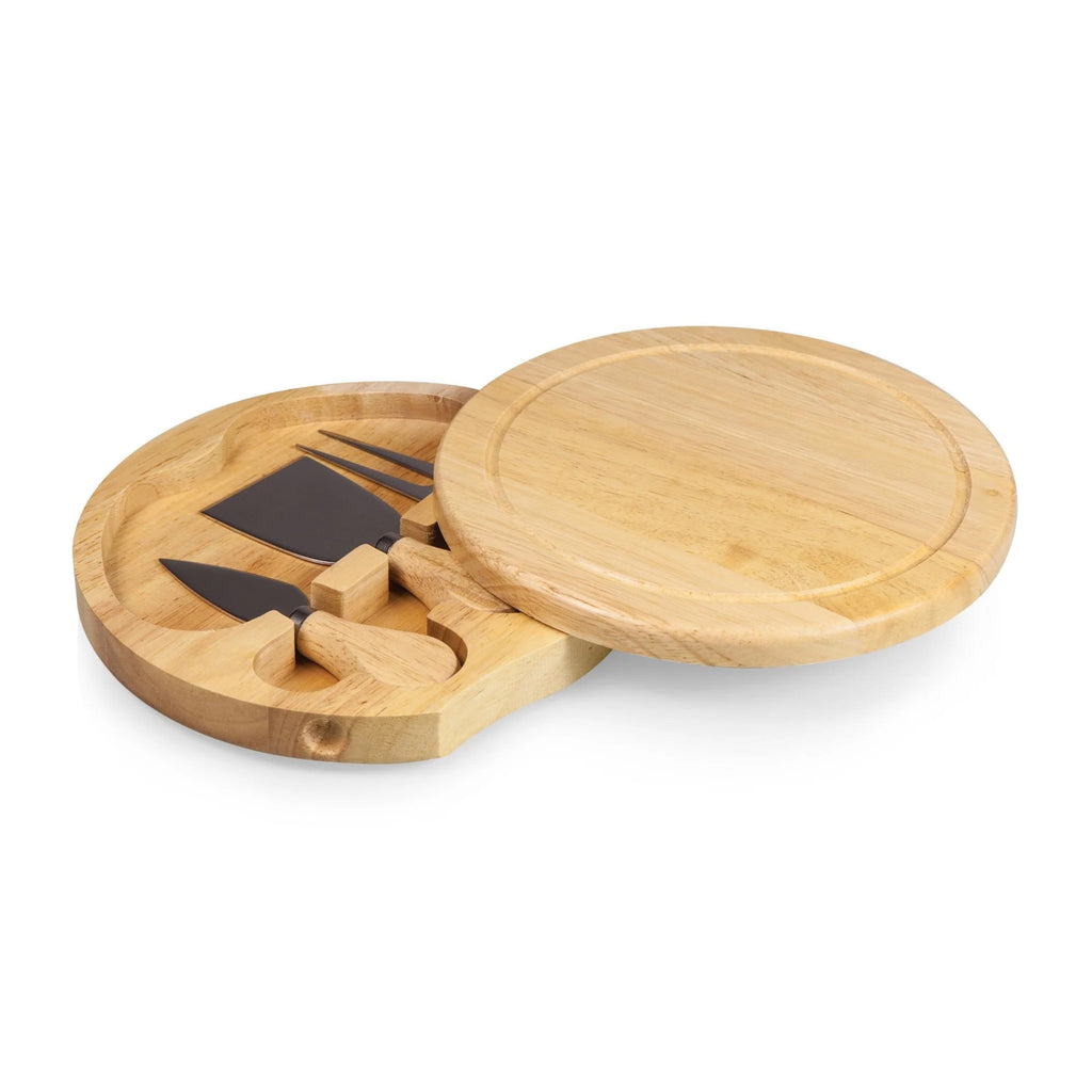 Picnic Time Toscana Brie Cheese Cutting Board and Cheese Tools Set, round parawood board swiveled open to show tools hidden inside.