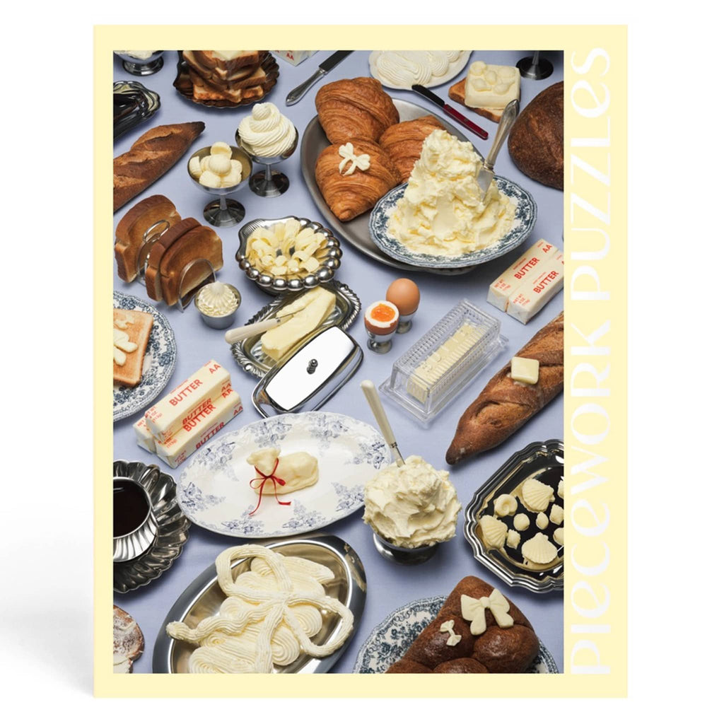 Piecework 1000 piece Butter jigsaw puzzle in box packaging, back of box with full puzzle image.