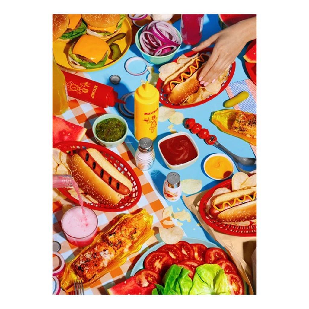 Piecework Puzzles 1000 Piece Buns Out jigsaw puzzle, full puzzle image showing a backyard barbecue scene.
