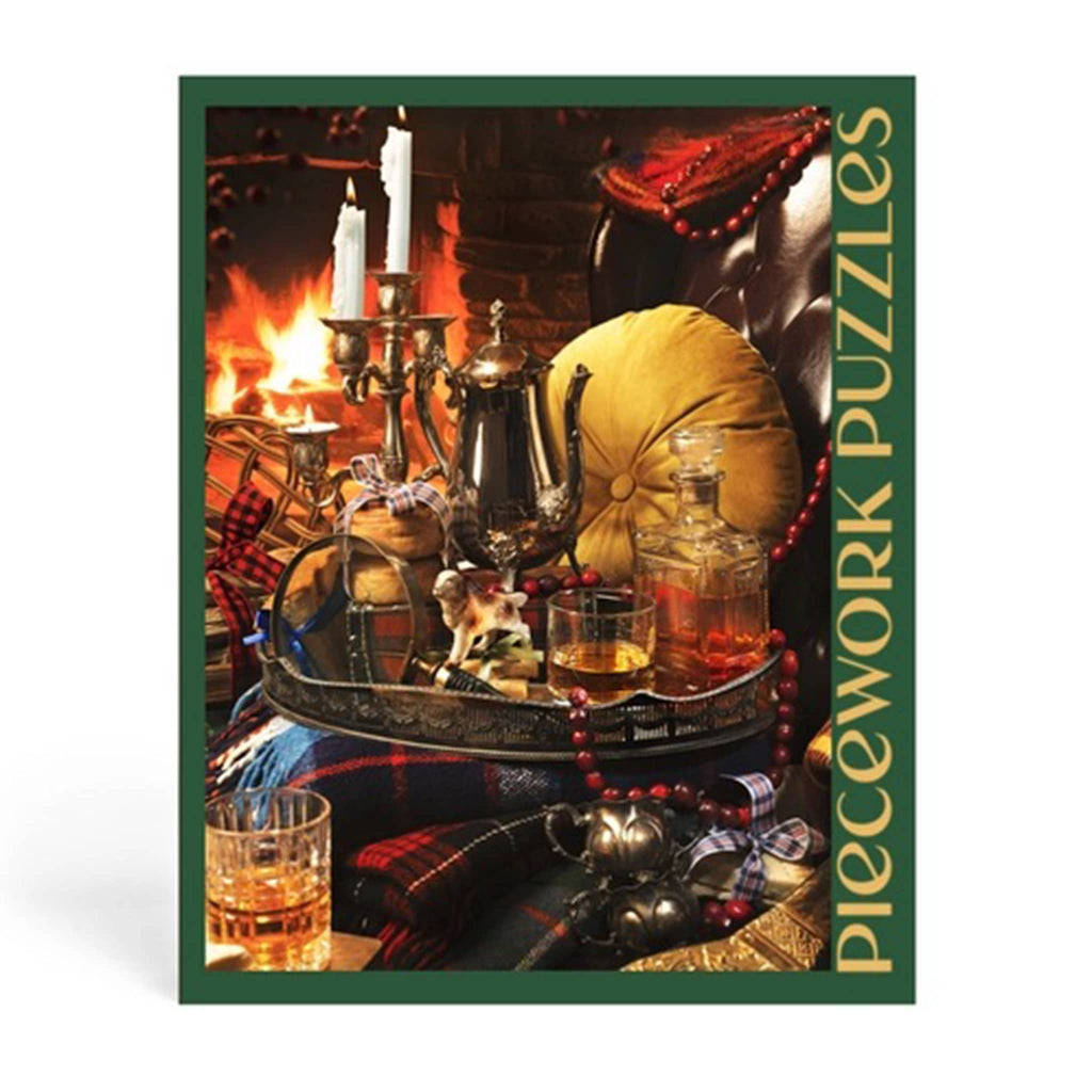 Piecework Puzzles 1000 piece Merry and Bright jigsaw puzzle in green box packaging, back view.