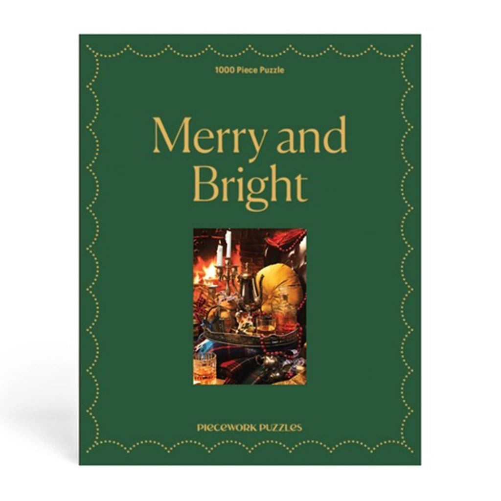 Piecework Puzzles 1000 piece Merry and Bright jigsaw puzzle in green box packaging, front view.