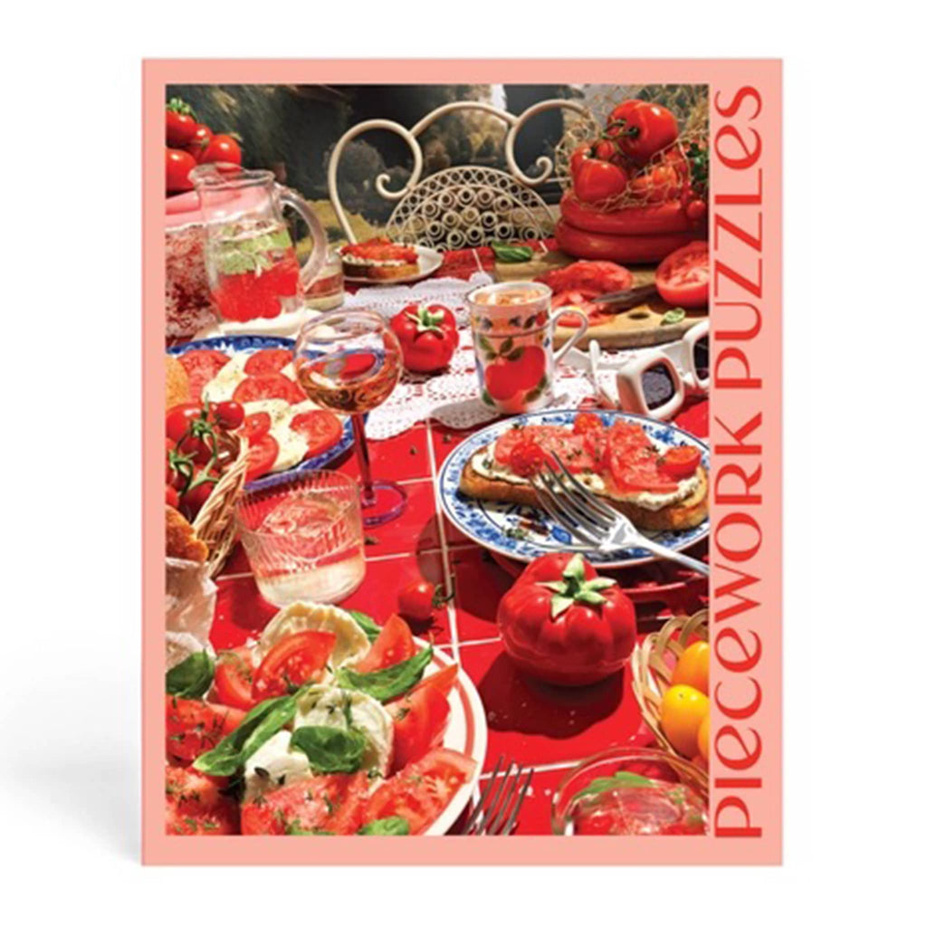 Piecework Puzzles 1000 piece tomato tomahto jigsaw puzzle in box packaging, back view.