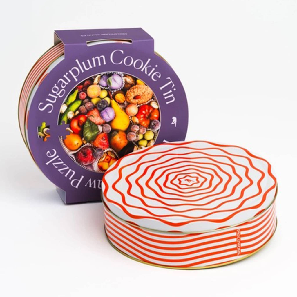 Piecework Puzzles 750 piece Sugarplum Cookie Tin with packaging.