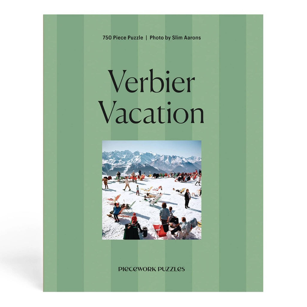 Piecework Puzzles 750 piece Verbier Vacation jigsaw puzzle featuring a Slim Aarons photo, in box packaging, front view, on a white background.