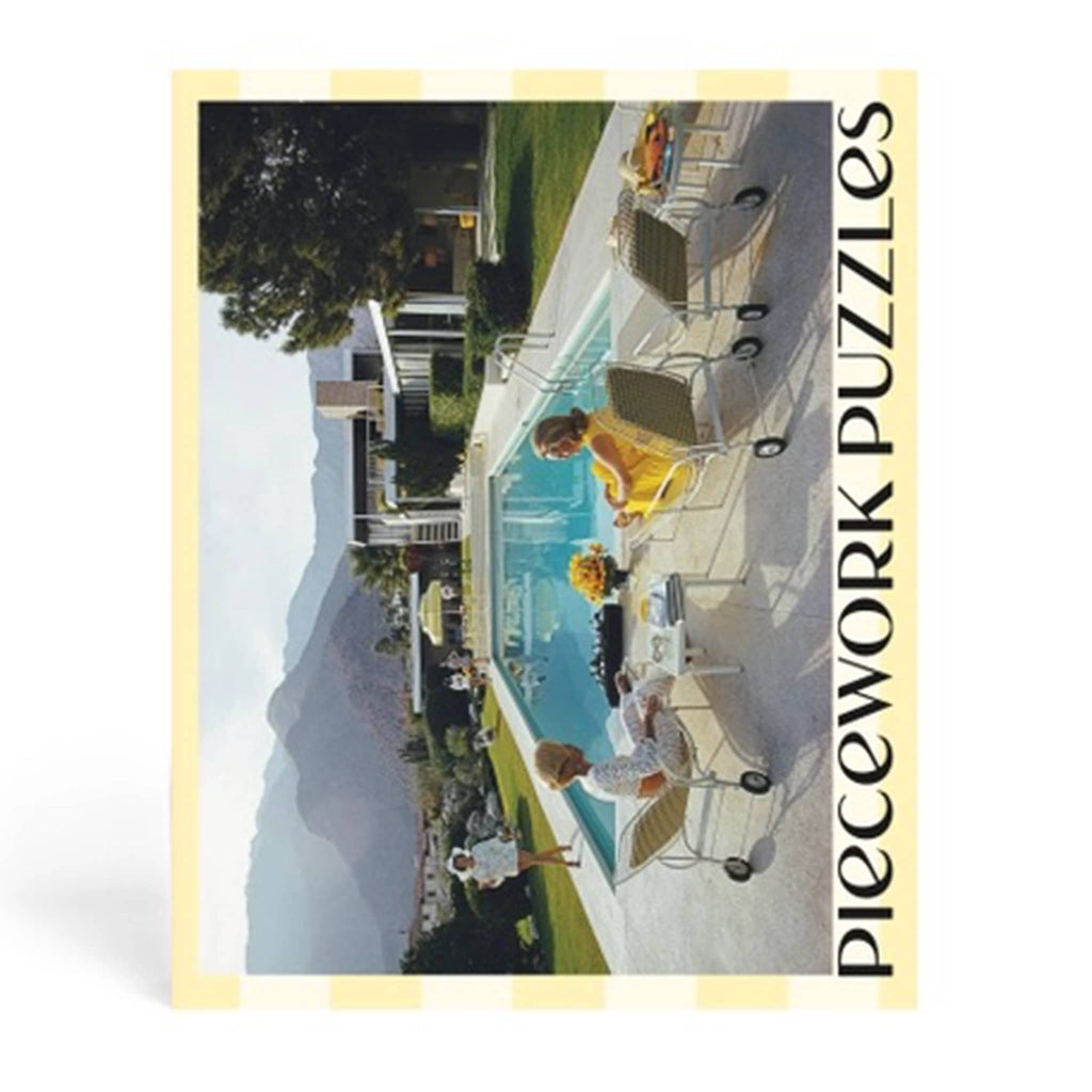 Piecework Puzzles 1000 piece Poolside Gossip jigsaw puzzle in box, back view.