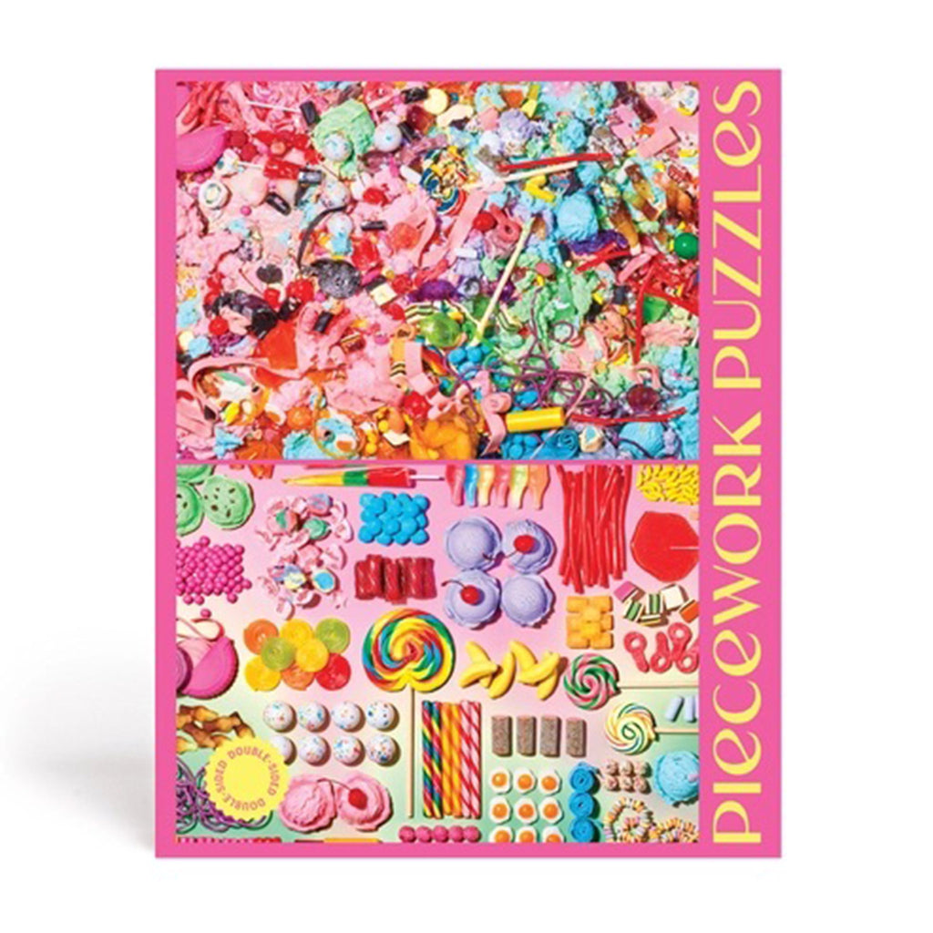 Piecework Puzzles 1000 piece Sugar & Spice double-sided jigsaw puzzle in box, back view with full puzzle images.