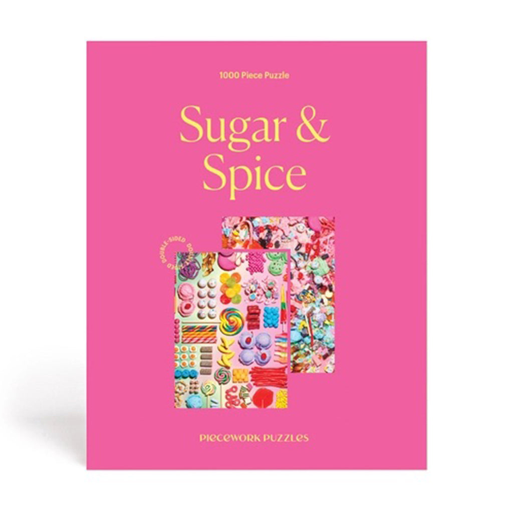 Piecework Puzzles 1000 piece Sugar & Spice double-sided jigsaw puzzle in box, front view.