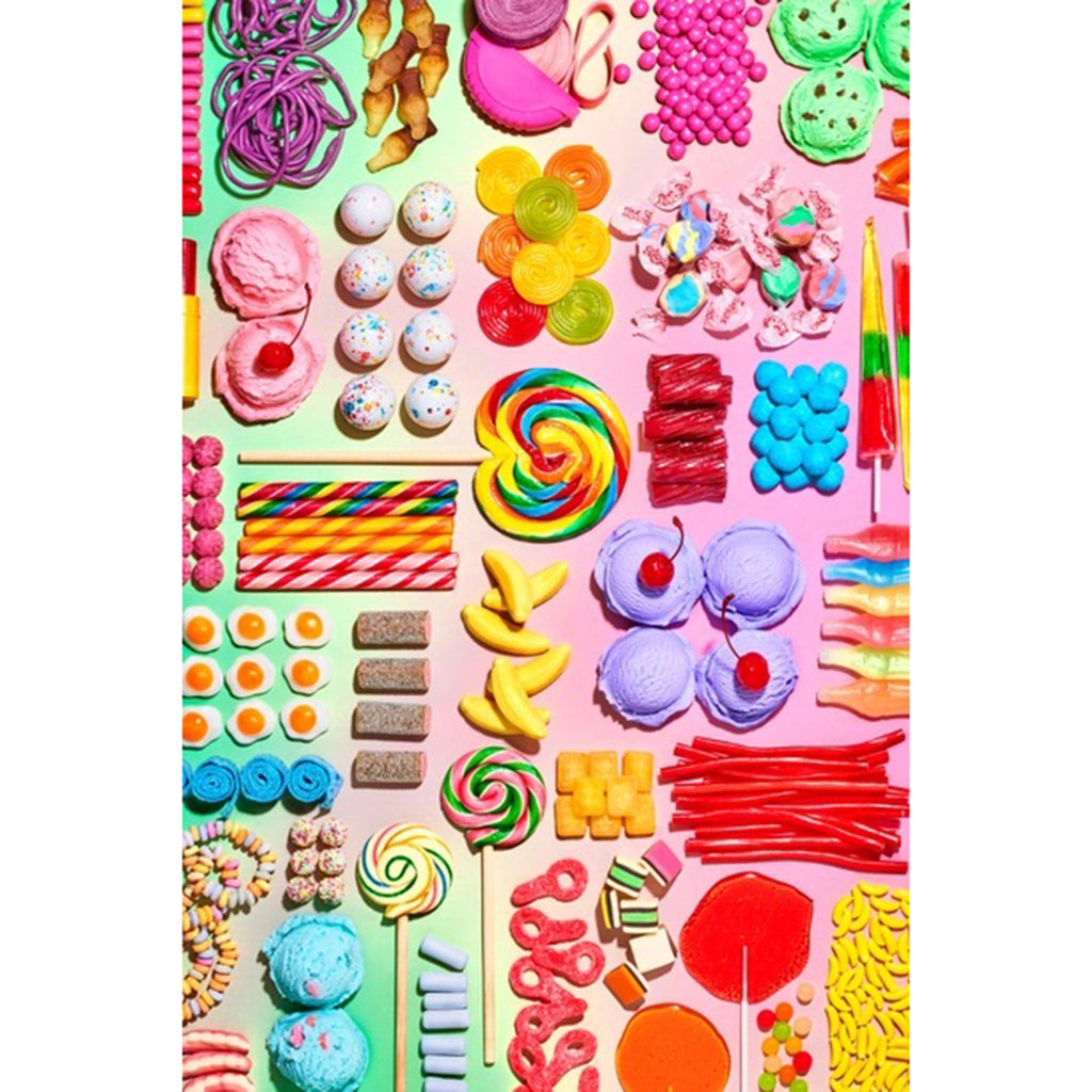 Piecework Puzzles 1000 piece Sugar & Spice double-sided jigsaw puzzle, orderly candy image side.