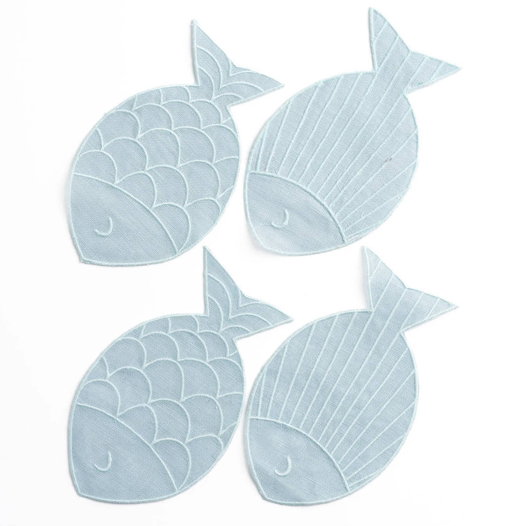 Piecework set of 4 sardine fish-shaped blue linen cocktail napkins.