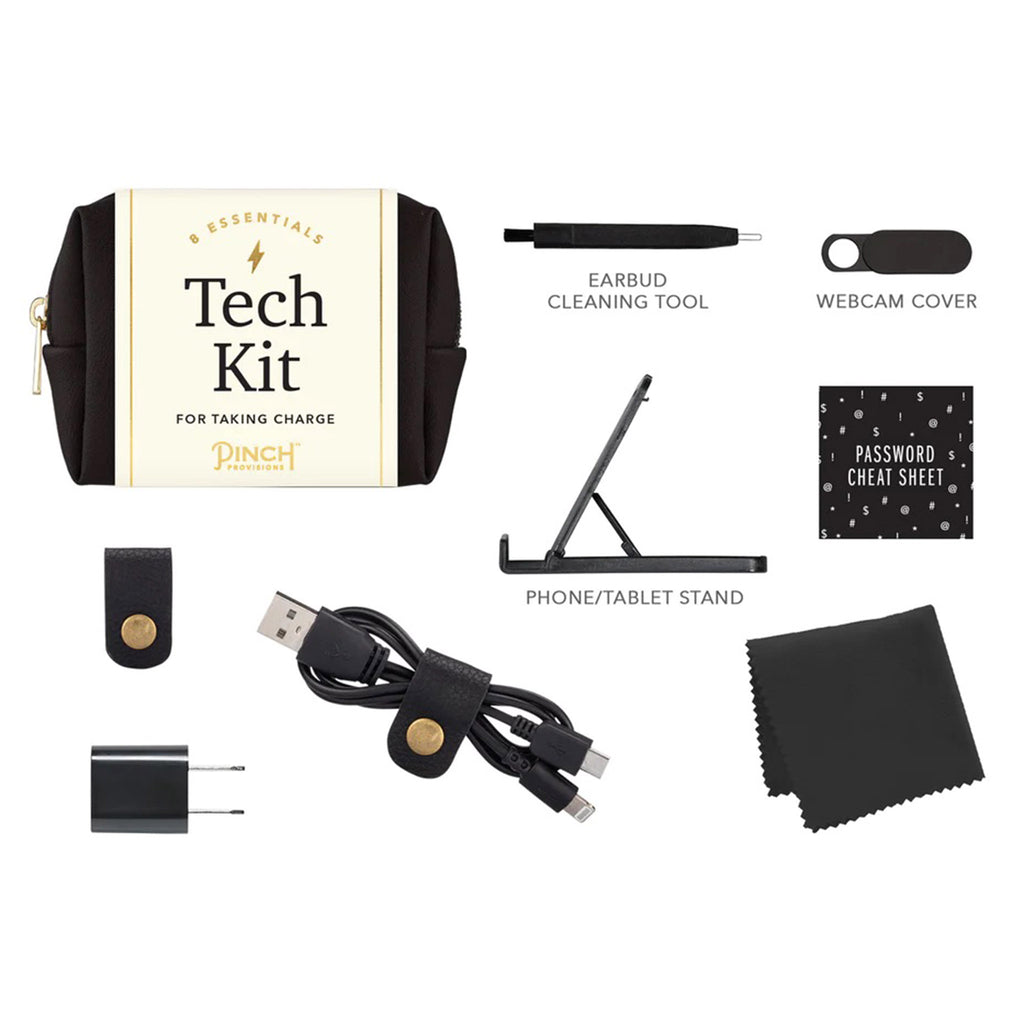 Pinch Provisions Mini Tech Kit, black zip pouch with bellyband with contents beside and below it.