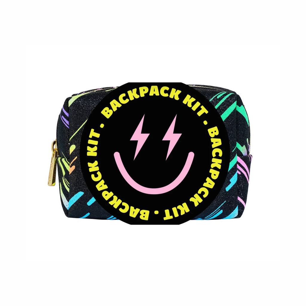 Backpack kit with smiley face design and colorful border on a white background.