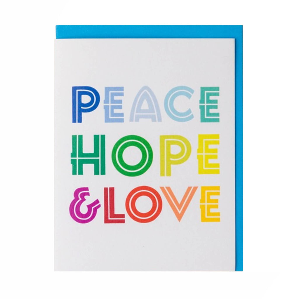 Card with 'Peace Hope & Love' text in colorful letters on a white background.