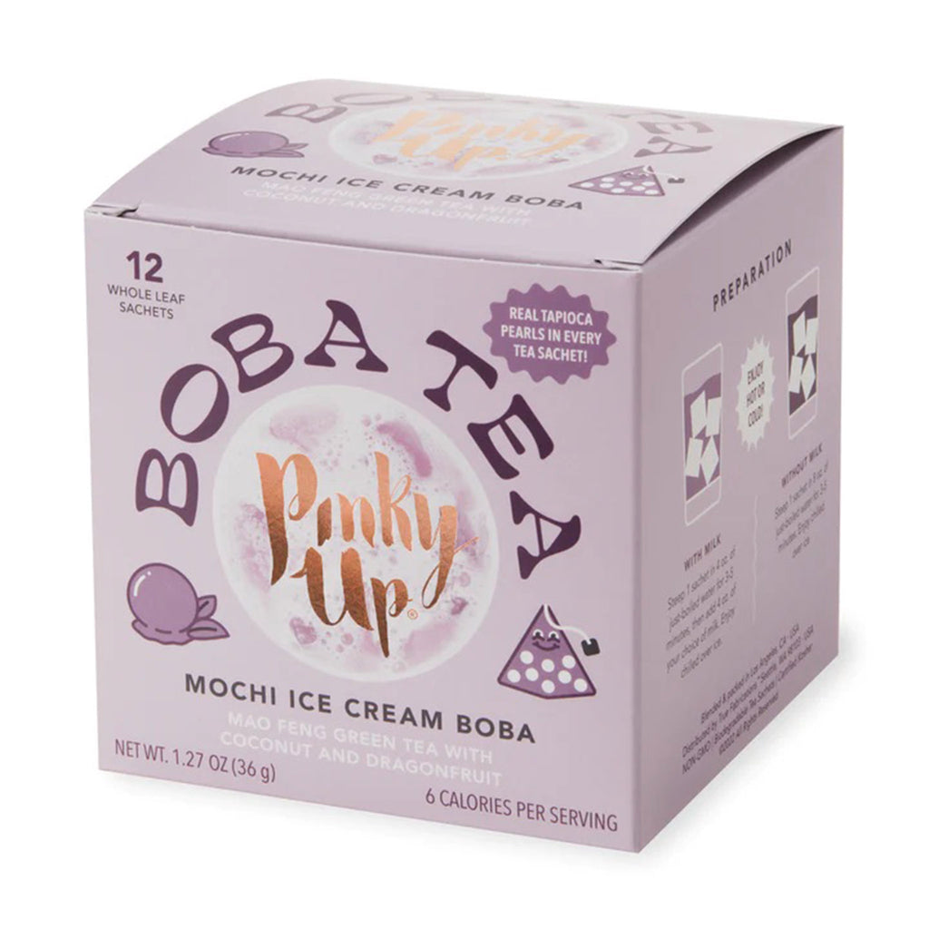 Pinky Up Mochi Ice Cream Boba Tea sachets in light purple paper box packaging.