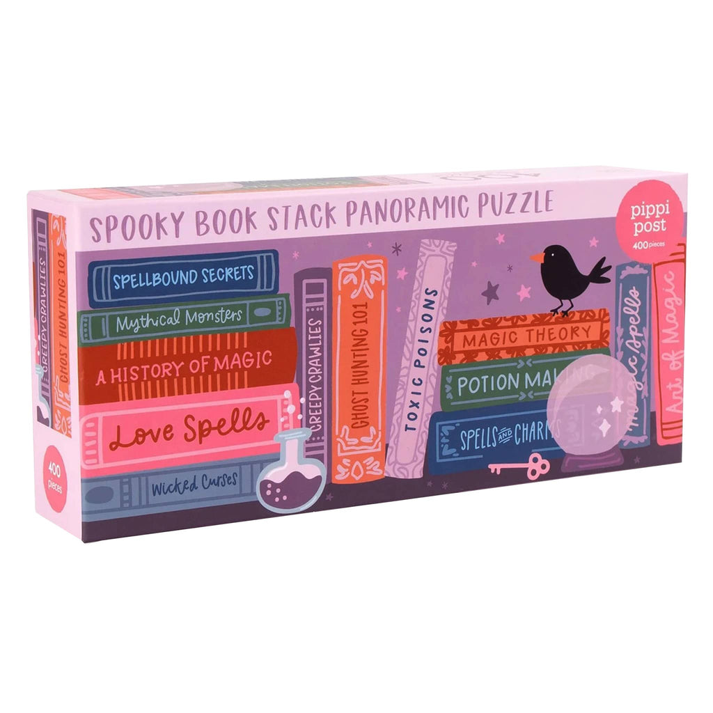 Pippi Post 400 piece spooky book stack panoramic puzzle in box packaging, front angle view.