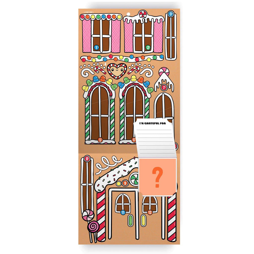 Pipsticks The Cutest Christmas Sticker Countdown Kawaii holiday sticker advent calendar that looks like a gingerbread house, opened up with a window revealed.