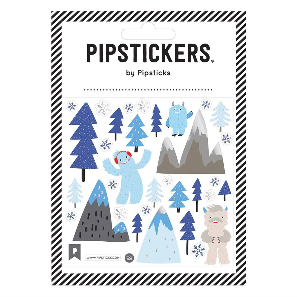 Pipsticks Snow Me the Way pipsticker sheet in packaging. Includes yetis, trees, snowflakes and mountains in shades of blue and gray.