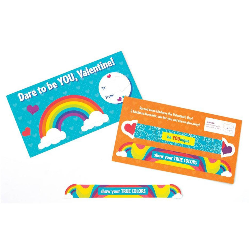 Playhouse Spread Kindness valentine cards with kids slap bracelets, front and back view of a card with bracelets attached.