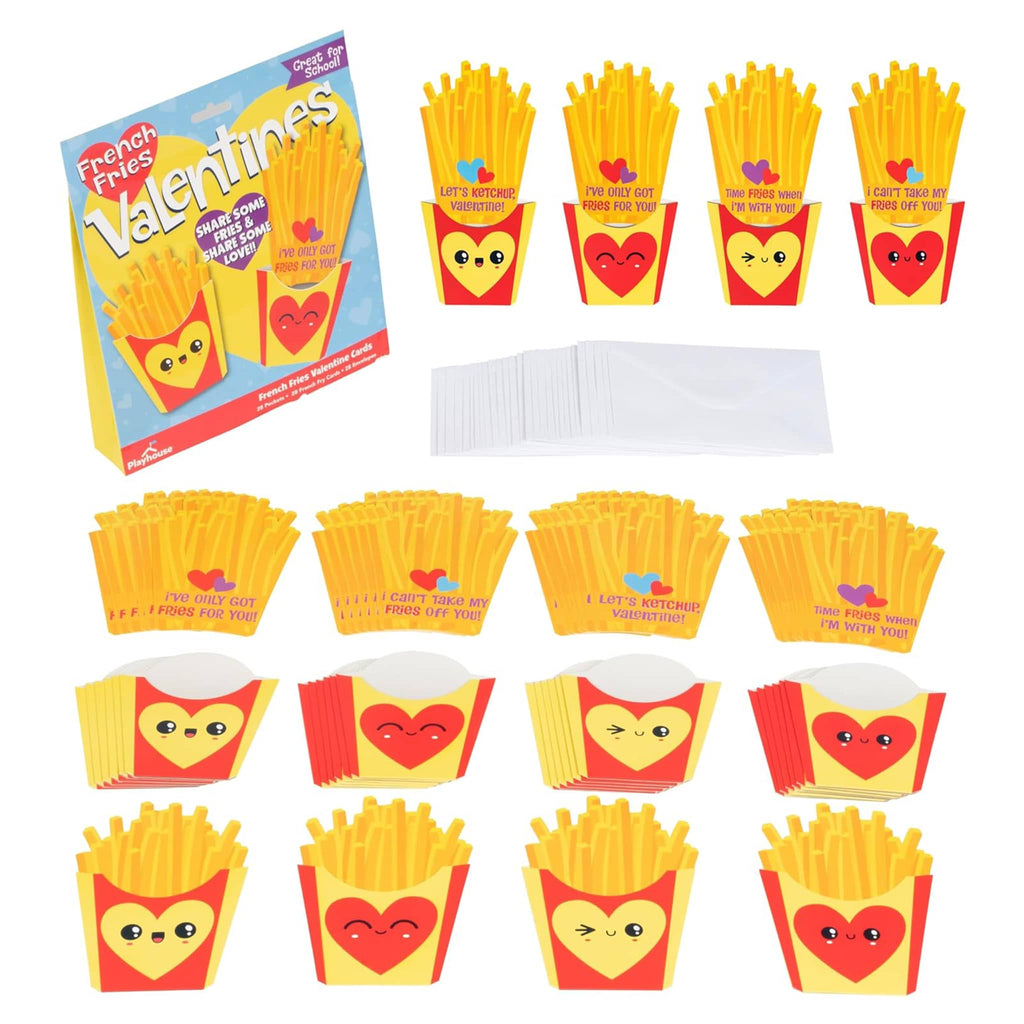 Playhouse French Fries kids valentine cards, contents with box packaging.