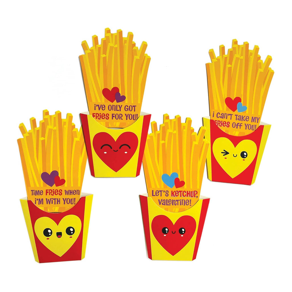 Playhouse French Fries kids valentine cards, fry cards with container sleeves in 4 styles.